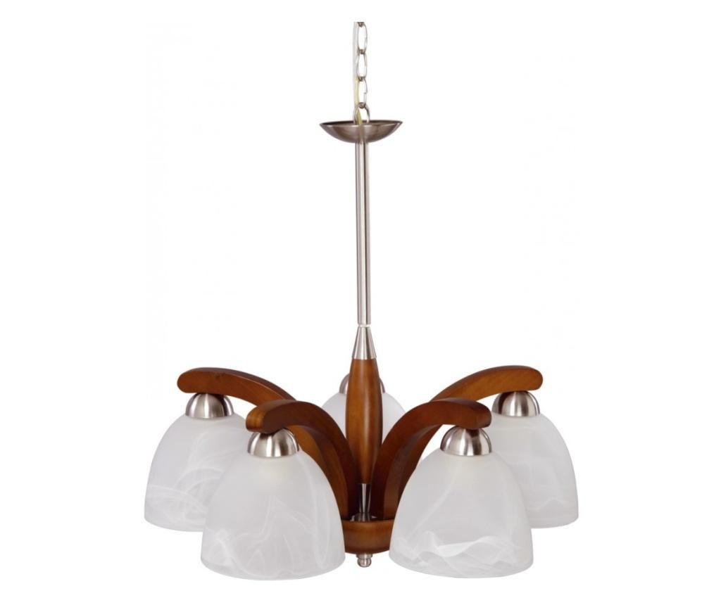 Lustra bruni 5 kl 2530, corp crom satin, lemn cires, abajur alb, 5x60w e27 