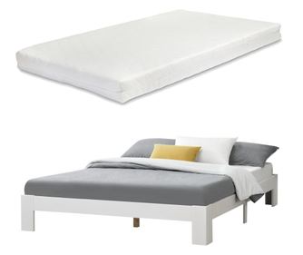 Fa ágykeret raisio 140 x 200 cm dupla ágy 150 kg fenyőfa/forgácslap matt fehér ágyráccsal és matraccal [en.casa]