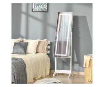 HOMCOM Шкаф за бижута с LED осветление и огледало в цял ръст, на стойка, с наклон и заключване