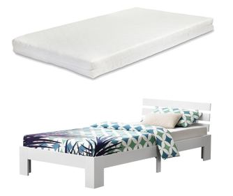 Fenyőfa ágykeret nivala fejtámlával matraccal és ágyráccsal faágy fenyőfa 120 x 200 cm max. 150 kg dupla ágy fa, fehér, matt la