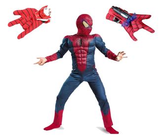 Set costum Spiderman cu muschi, pentru 3-5 ani si 2 lansatoare, rosu