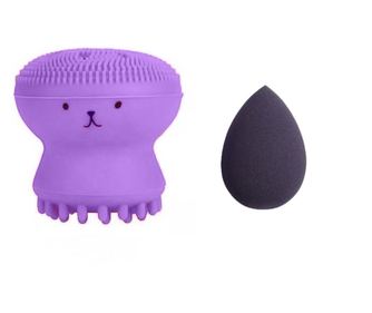 Set Bonita cu buretel cosmetic in forma de lacrima si dispozitiv de curatare faciala, din silicon, mov/mov inchis, Doty  6x4x4