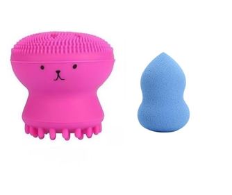 Set Bonita cu buretel cosmetic in forma de para si dispozitiv de curatare faciala, din silicon, roz/albastru, Doty  6x4x4
