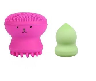 Set Bonita cu buretel cosmetic in forma de para si dispozitiv de curatare faciala, din silicon, roz/verde, Doty  6x4x4