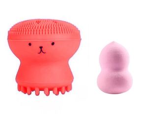 Set Bonita cu buretel cosmetic in forma de para si dispozitiv de curatare faciala, din silicon, rosu/roz pudra, Doty  6x4x4