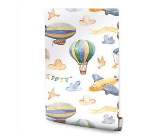 Tapeta Dětská BALÓNY Letadla Mraky Akvarel