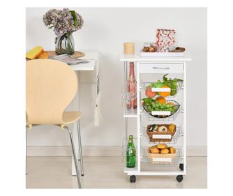 Homcom carucior de bucatarie economisire spatiu din lemn alb cu 1 suprafata de lucru 1 sertar si 4 cosuri metalice HOMCOM
