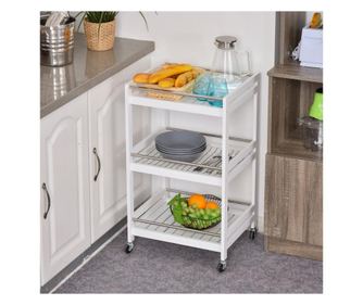 Homcom carucior de bucatarie economisire spatiu din lemn si otel inox, cu 3 etajere si 4 roti 360°, alb, 45 x 38 x 78cm HOMCOM