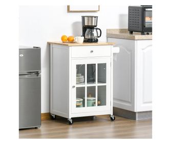 Homcom carucior de bucatarie multifunctional cu sertar, dulap si 4 roti, din lemn alb, 67x48x86,5cm HOMCOM