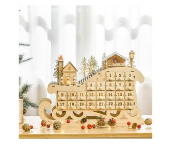 HOMCOM Calendarde Advent din Lemn in Forma de Sanie cu 24 de Sertare de Umplut, Decoratiuni si Lumini LED, 45x10x31cm LED