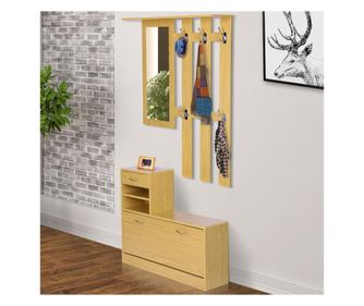 Homcom Állítható Előszoba Szekrény Tükörrel, Cipőtartóval, Ruhafogassal és 6 Kampóval, 90x22x116cm, Fa