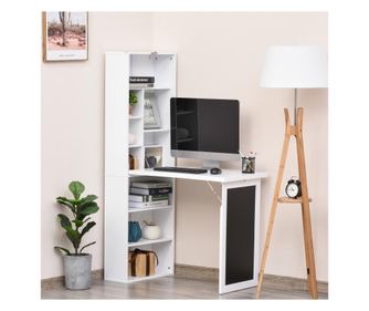 Сгъваемо бюро Homcom с етажерка и бяла дъска за стая и офис, прибираща се спестяваща място маса, бяло, 98x51x153cm