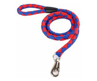 Lesa cordelina Pufo confortabila pentru caini, 125 cm, sistem carabiniera cu vartej, rezistenta, rosu/ albastru