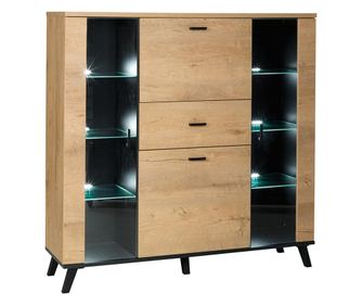 Komód 2 ajtós 2 üvegvitrines MDF natúr tölgy lefkas fekete Siran 131x40x131 cm