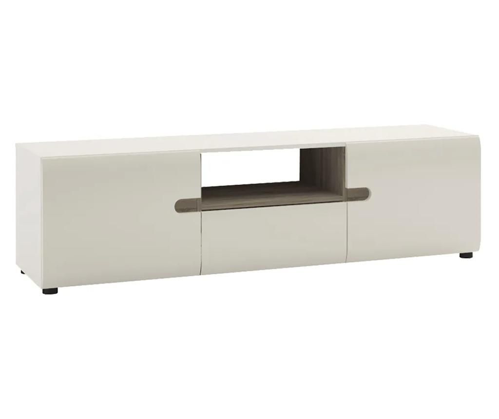 Bela sijajna TV omarica iz MDF-ja in hrastovega lesa Sonoma z 2 vrati in 1 predalom - Lynatet 164x42x45,5 cm