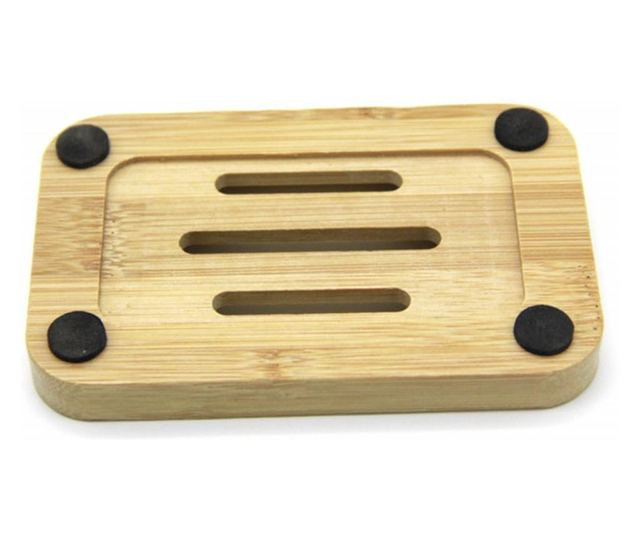 Savoniera din bambus Pufo Nature pentru baie, 11 cm, patrat, maro