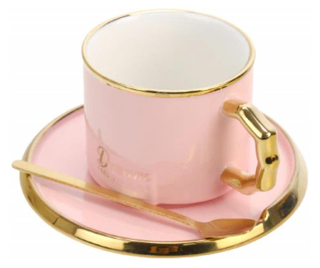 Pufo Луксозна керамична чаша и чаена лъжичка за кафе или чай, 230 ml, розова