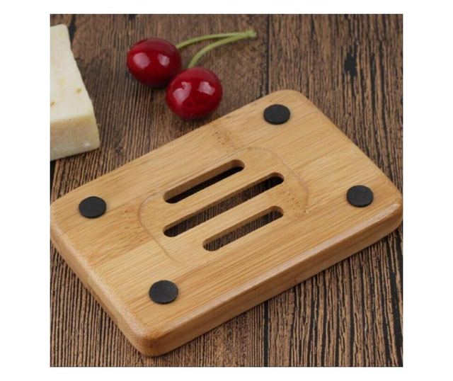 Savoniera din bambus Pufo Nature pentru baie, 11 cm, patrat, maro