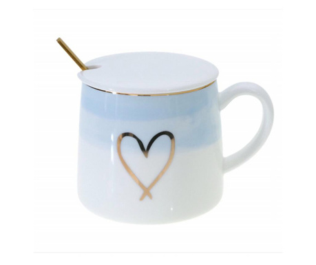 Pufo Сърцевидна чаша за кафе или чай с керамичен капак и чаена лъжичка, 300 ml, бяло/синьо