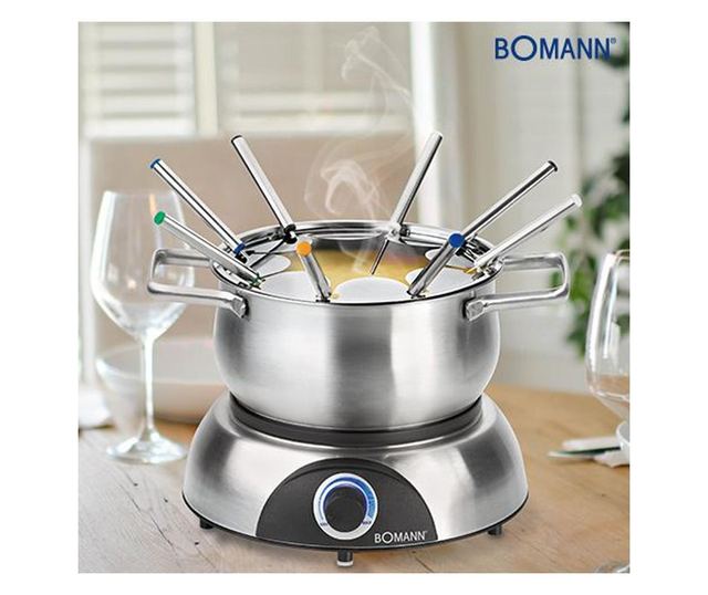 Bomann fondü gép, FD 2248 CB, 1,2 l, 8 fondü villa, rozsdamentes edény, állítható hőmérséklet, túlmelegedés elleni védelem, tűzh