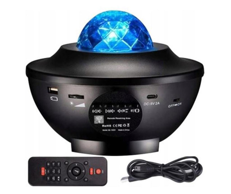 Éjjeli lámpa projektorral, LED, távirányító, bluetooth, 4 szín, USB töltés, fekete, 12,3x16,4 cm