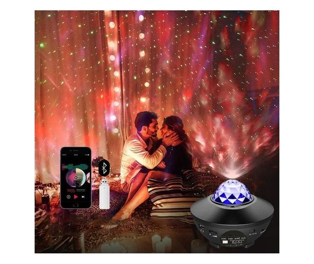 Lampa de noptiera cu proiector, LED, telecomanda, bluetooth, 4 culori, incarcare USB, negru, 12.3x16.4 cm