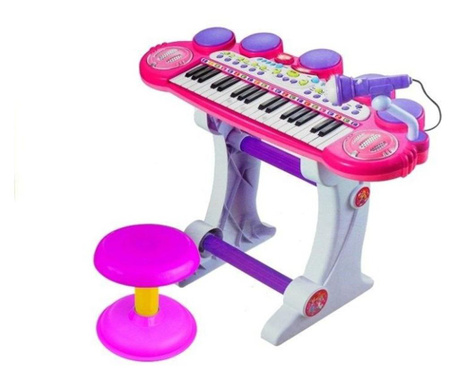 Електрически орган за деца, със стойка, седалка, микрофон и USB слот, LeanToys, розов, 3466