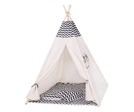 Детска палатка за игра, индийски стил, черно и бяло, зигзаг, 120x100x160 см, MCT-2115