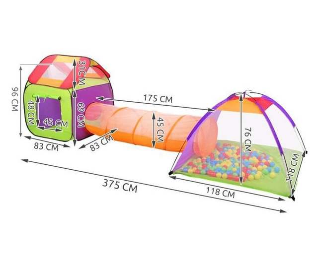 Детска палатка за игра, 3 в 1, иглу и вила, с тунел, 200 топки, капак, 375x118x96 см