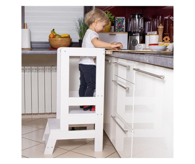 Inaltator multifunctional/ajutor de bucatarie pentru copii, ajustabil, lemn, alb, 39x52x90 cm, Springos
