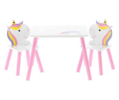 Детски комплект мебели, модел пони и дъга, бяло-розово, дърво + МДФ, 55x55x43 см, Chomik