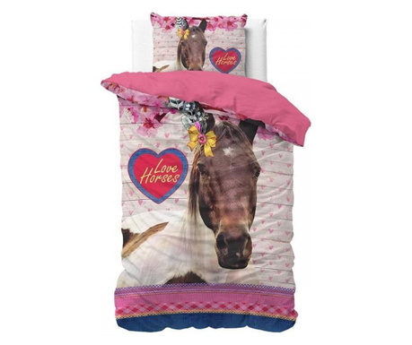 Lenjerie pat Dreamhouse love horse pink, bumbac 100%, husa 140x200 cm, 1 fata perna 60x70 cm