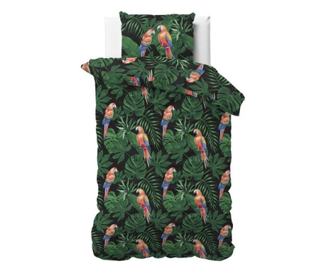 Lenjerie pat Sleeptime tropical parrot green, bumbac amestec, husa 140x220 cm, 1 fata perna 60x70 cm
