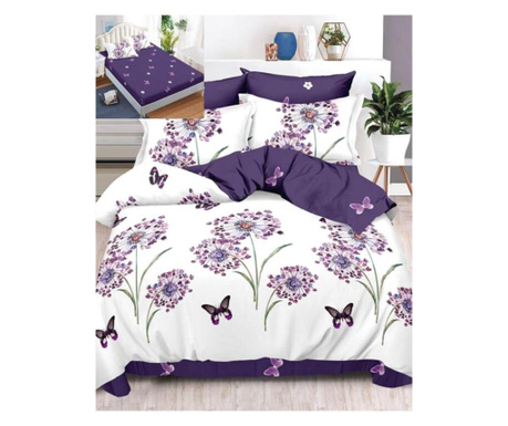 Finom ágyneműgarnitúra, rugalmas ágynemű, 6 részes, 2 személyes ágy, lila virágok, FNE-139