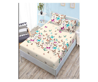 Покривало за легло с ластик + 2 калъфки за двойно легло, фини, цветни пеперуди, HBFJ-112
