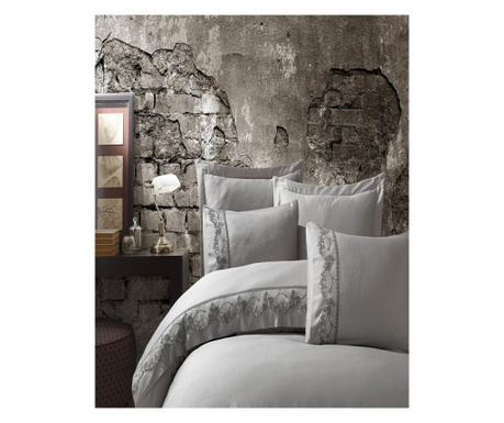 Комплект спално бельо от сатенен памук, 6 части, 2-местно легло, дантела, сиви инча, LDV-67