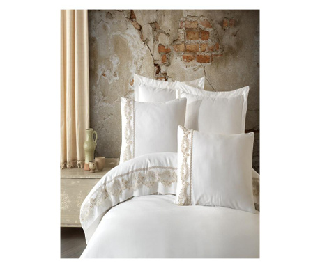Комплект спално бельо от сатенен памук, 6 части, 2-местно легло, дантела, кремави инча, LDV-69
