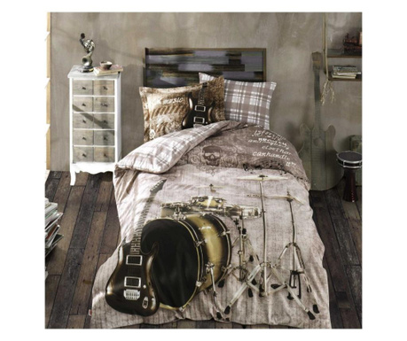 Спално бельо от 100% памук от поплин - единична подложка - Хоби студио - Рок музика кафяво - HB1-39