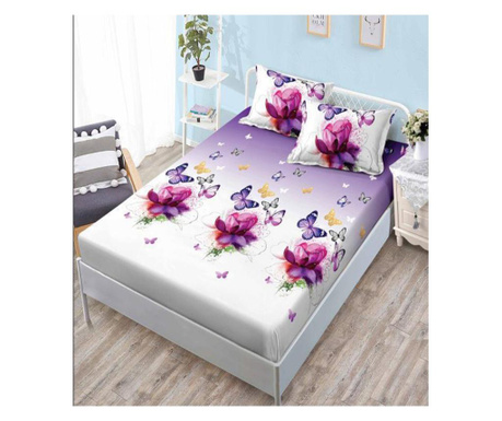 Покривало за легло с ластик + 2 калъфки за двойно легло, фине, цветя и пеперуди, hbfj-115