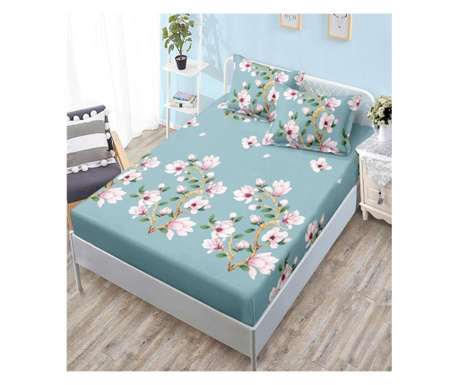 Еластично покривало + 2 калъфки за двойно легло, фини, розови цветя, hbfj-132