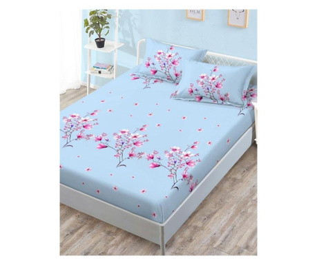 Narzuta na łóżko z gumką + 2 poszewki na podwójne łóżko, drobne, różowe kwiaty, hbfj-101