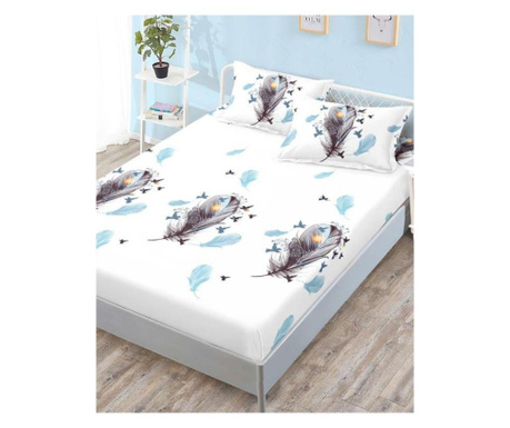 Narzuta na łóżko z elastyczną poduszką z 2 stron na podwójne łóżko, finet, szare i niebieskie pióra, hbfj-103
