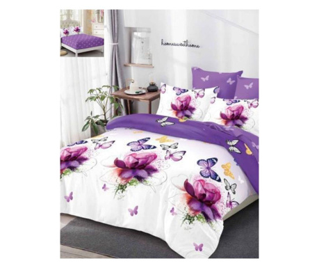 Комплект фин бельо, 6 части ластичен чаршаф, 2-местно легло, лилави цветя
