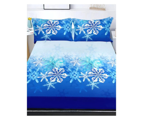 Narzuta na łóżko z elastyczną poduszką z 2 stron na podwójne łóżko, finet, niebieskie i białe płatki, hbfjc-15