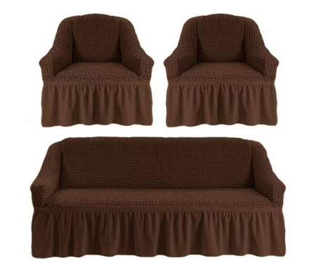 Калъфи с ластик и креп, 3-местен диван + 2 фотьойла, кафяво