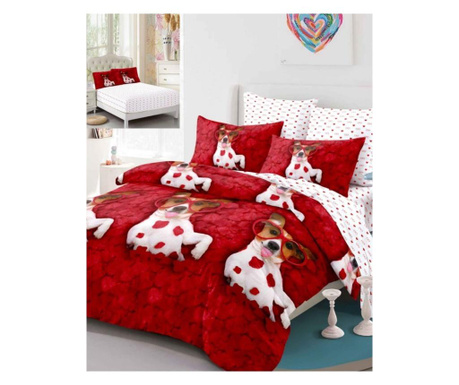Комплект фин бельо, ластичен чаршаф, 6 части, легло за 2 човека, кучешка любов, FNCE-85