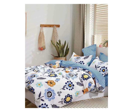 Комплект спално бельо 100% памук, 4 части, легло за 2 човека, сини цветя