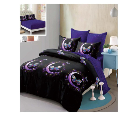 Комплект фин спално бельо, 6 части ластичен чаршаф, 2-местно легло, лилави пеперуди, FNCE-90