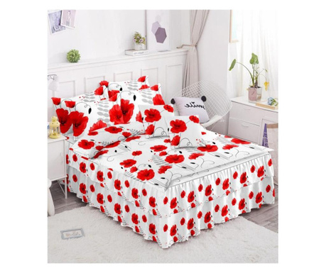 Фин сатенен лен с волани, 6 части, двойно легло, червени цветя, FNVC-104