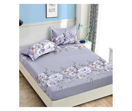 Покривало за легло 1 човек с ластик и 2 калъфки за възглавници, бели цветя, HBF1-05